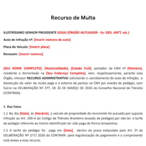 Pedágio eletrônico (free flow): como pedir de volta dinheiro da muta paga - modelo de recurso