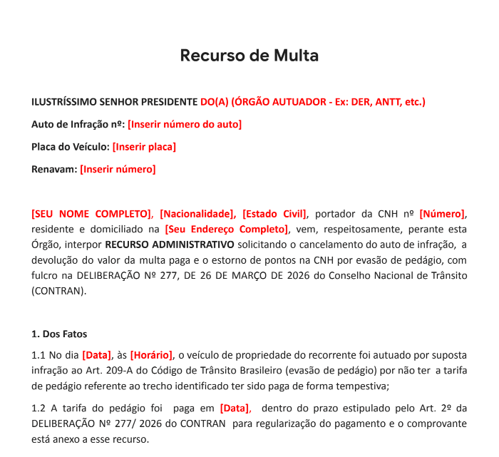 Pedágio eletrônico (free flow): como pedir de volta dinheiro da muta paga - modelo de recurso