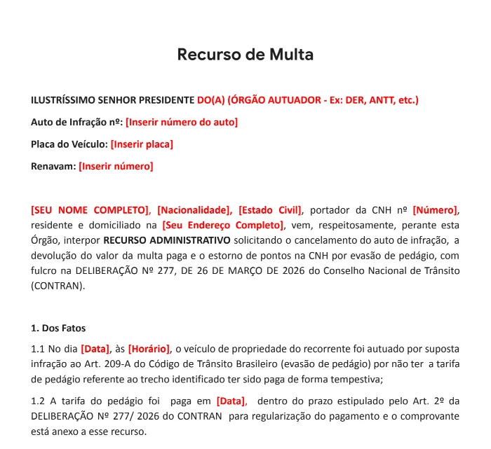 Pedágio eletrônico (free flow): como pedir de volta dinheiro da muta paga - modelo de recurso
